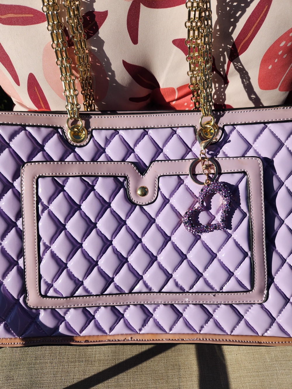 Quilted Lavender Tote Bag with Gold Chain Straps & Free Bling Heart Bag Charm